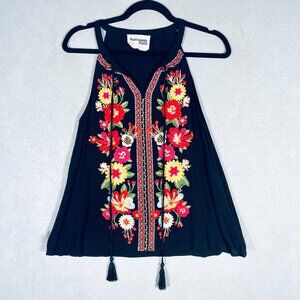Savanna Jane Tank Top Womens S Black Floral Embroidered Cottage Boho